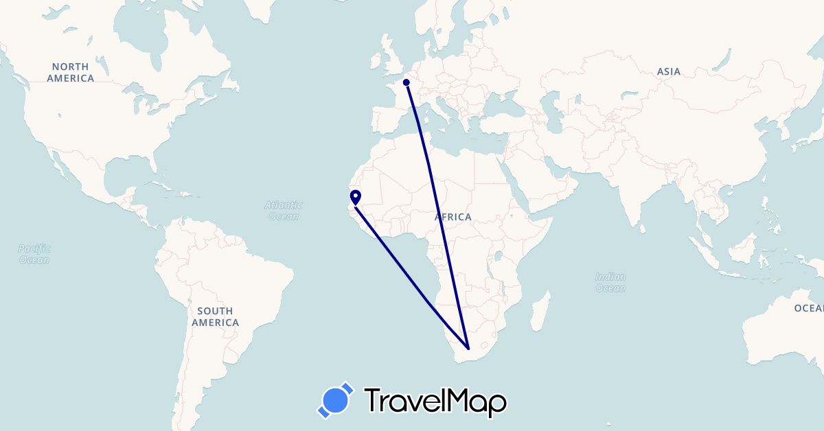 TravelMap itinerary: driving in France, Senegal, South Africa (Africa, Europe)